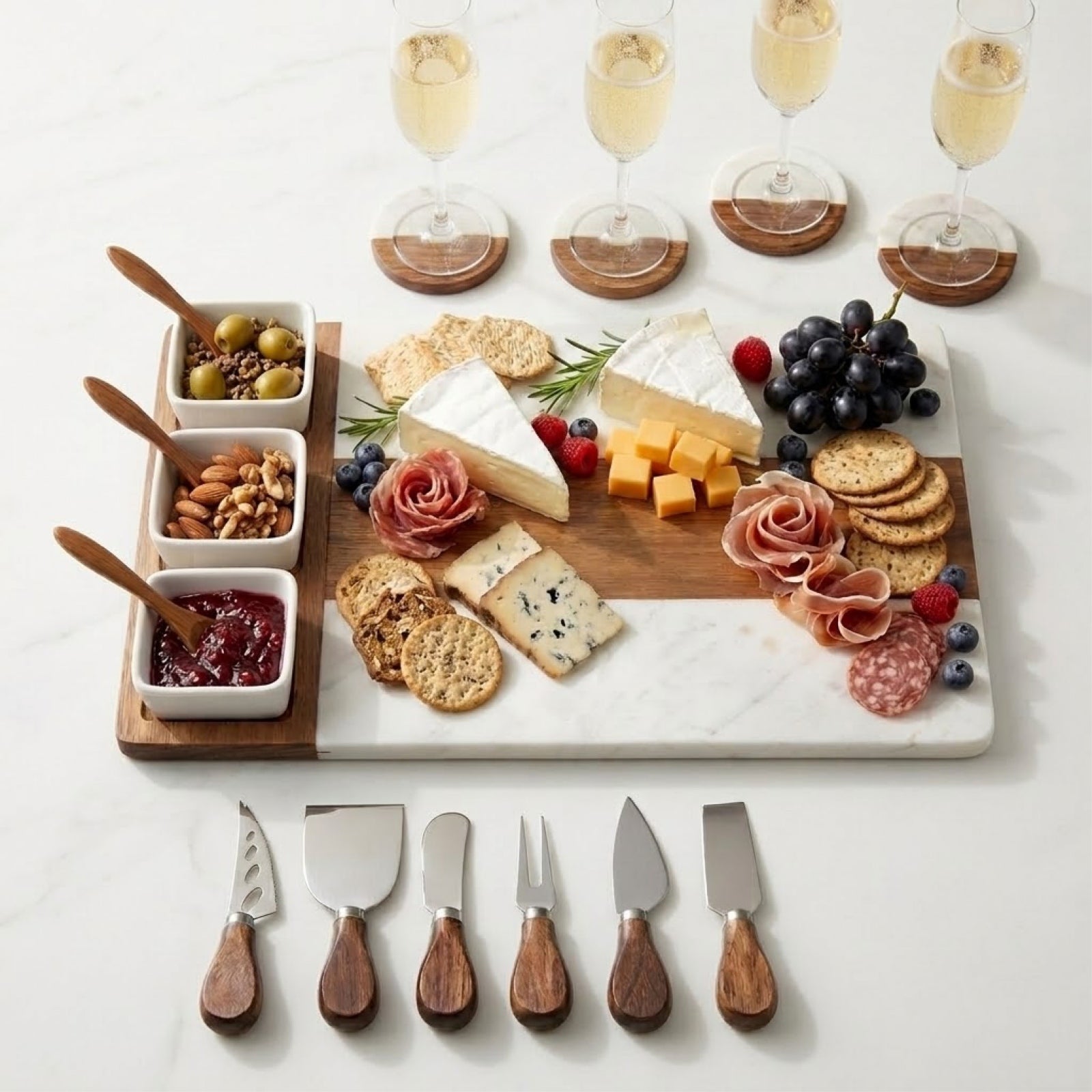 Acacia Wood & Marble Cheese Board & Serving Set